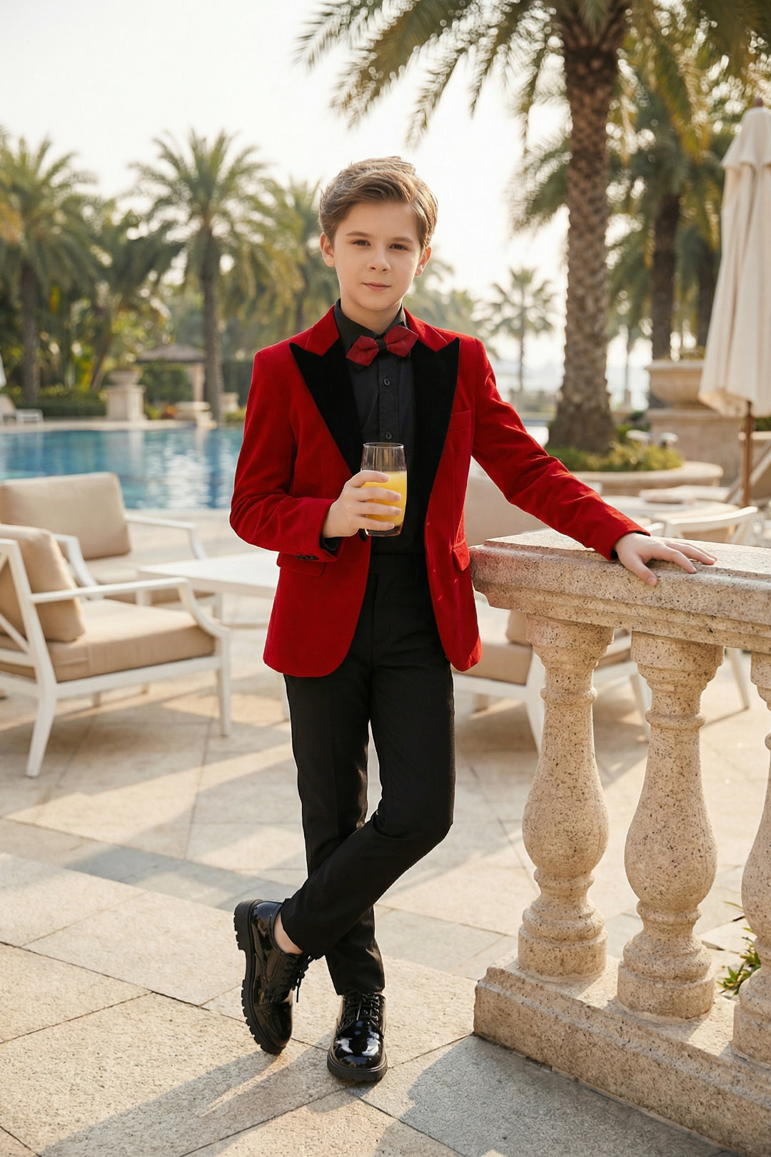 Boys Red Velvet Tuxedo 2-Piece Set with Black Satin Shawl Lapel