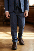 Charger l'image dans la visionneuse de la galerie, Boys Navy Blue Tweed Check 3-Piece Suit with Notch Lapel
