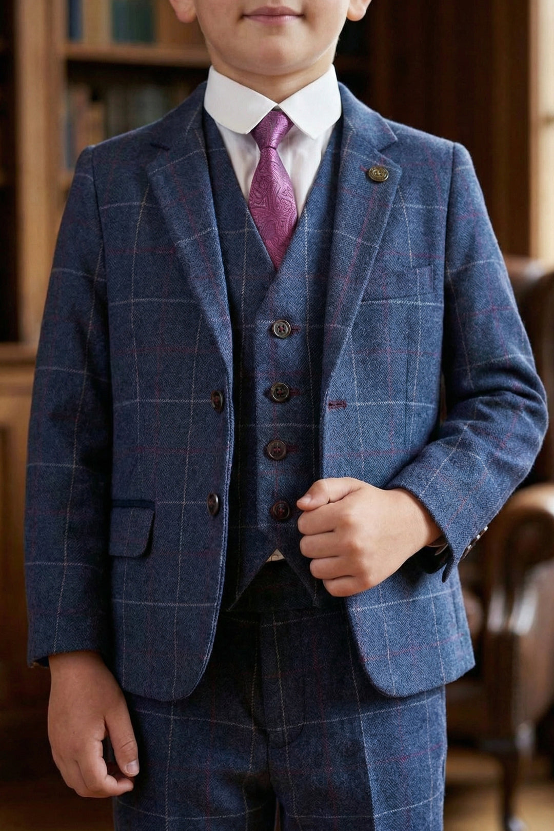Boys Navy Blue Tweed Check 3-Piece Suit with Notch Lapel