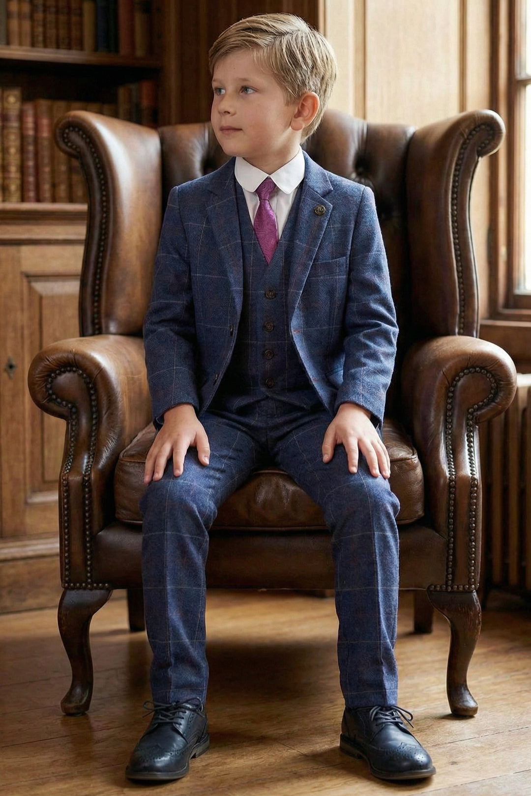 Boys Navy Blue Tweed Check 3-Piece Suit with Notch Lapel