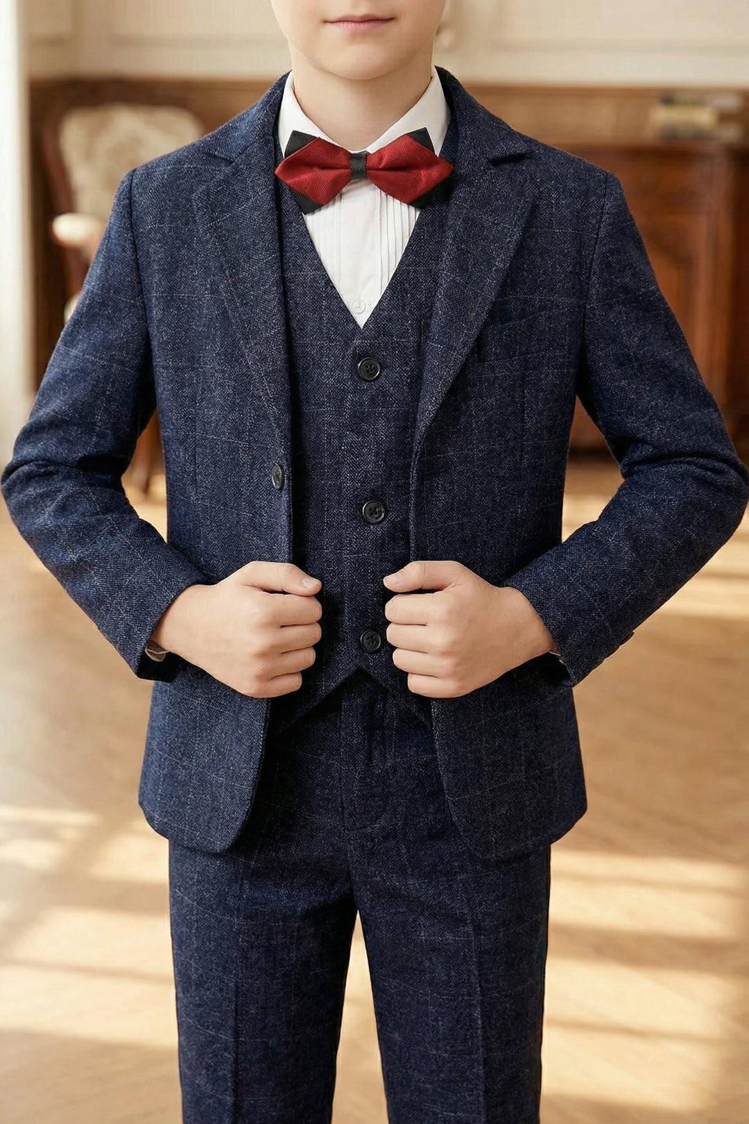 Boys Navy Blue Tweed 3-Piece Suit with Notch Lapel