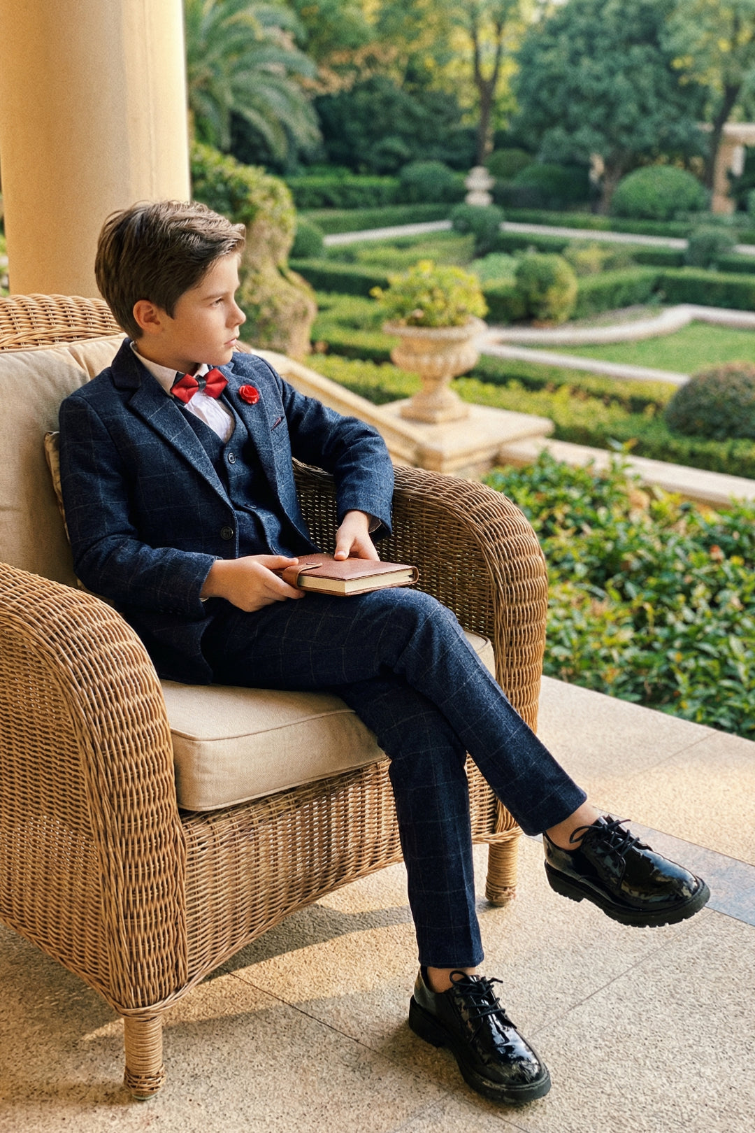 Boys Navy Blue Tweed 3-Piece Suit with Notch Lapel