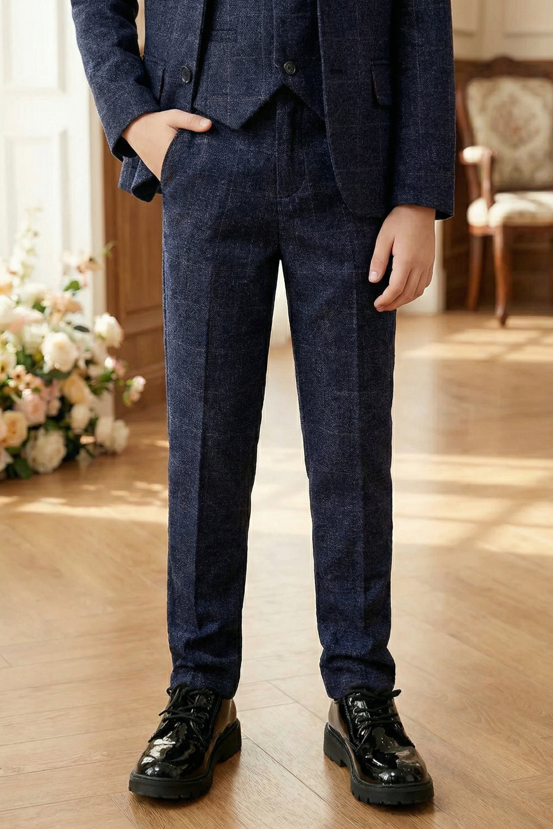 Boys Navy Blue Tweed 3-Piece Suit with Notch Lapel