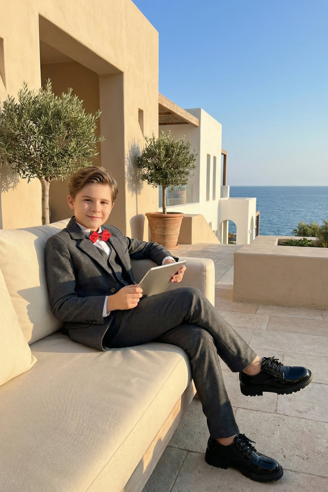 Boys Charcoal Tweed 3-Piece Suit with Notch Lapel