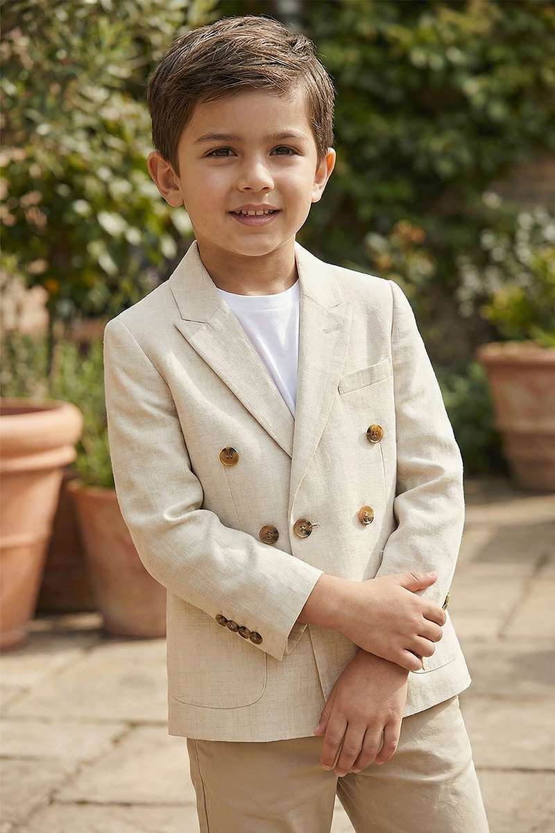 Boys Beige Double-Breasted Notch Lapel Blazer Jacket
