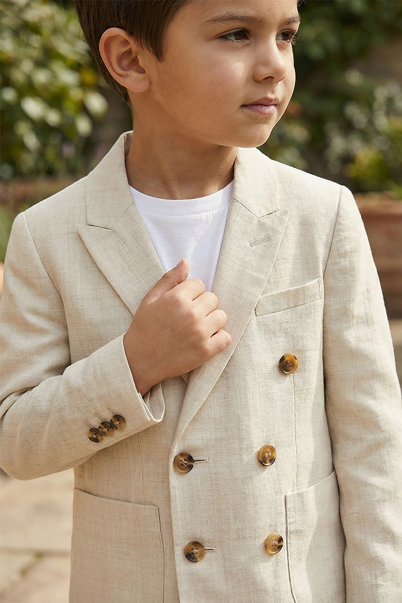 Boys Beige Double-Breasted Notch Lapel Blazer Jacket