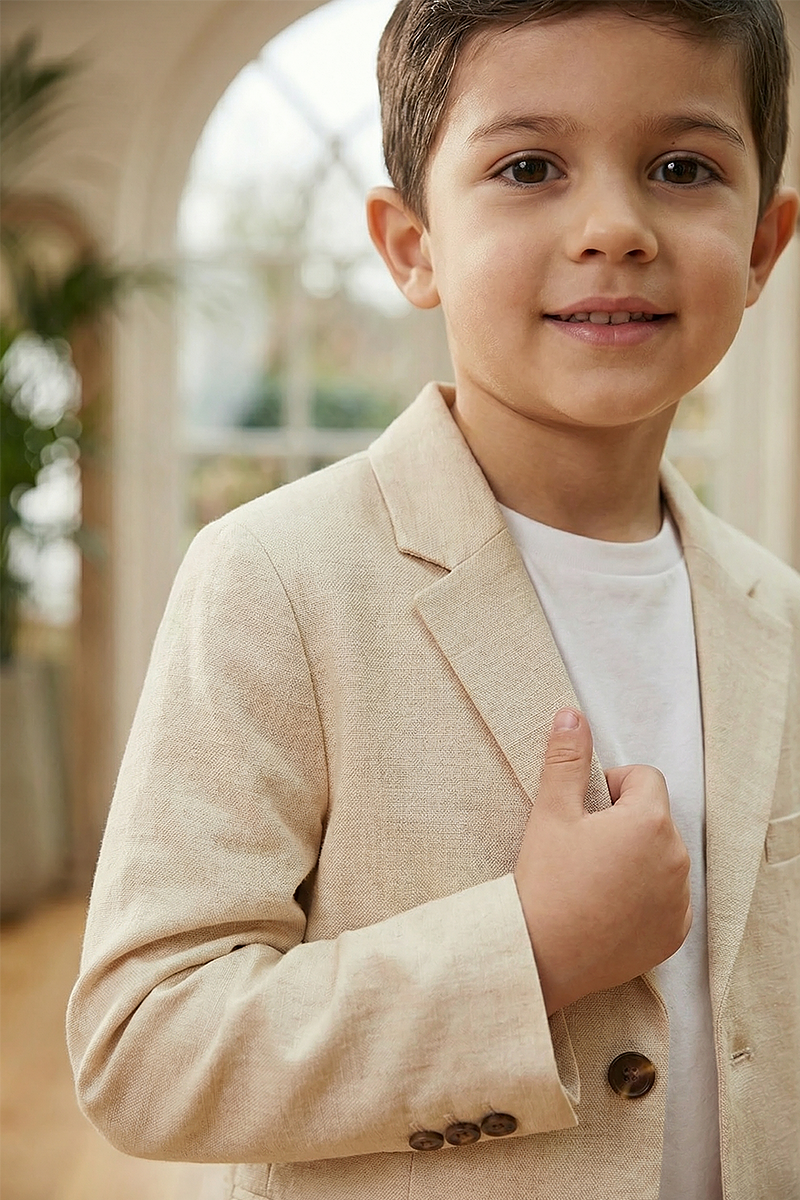 Boys Cream Single-Breasted Notch Lapel Blazer Jacket