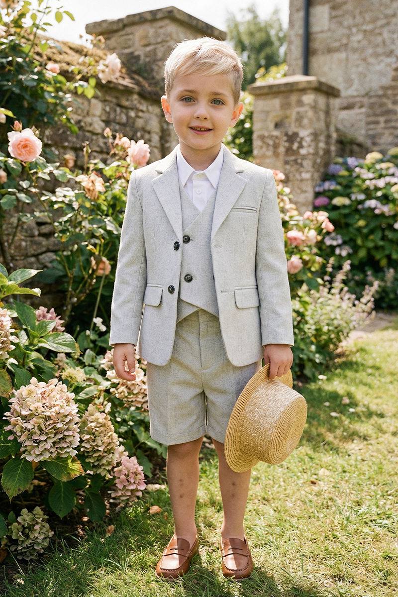Boys Light Grey Linen Wedding Outfit with Soft Tailoring 3-Piece Suit