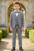 Load image into Gallery viewer, Boys Grey Plaid 3-Piece Suit for Estate Weddings & Formal Gatherings
