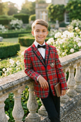 Load image into Gallery viewer, Boys Red Plaid 2-Piece Suit with Bee Detail for Festive Weddings & Events
