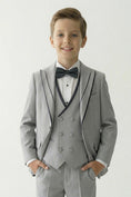 Load image into Gallery viewer, Boys Light Grey 3-Piece Suit with Black Piping for Coastal Villa Weddings
