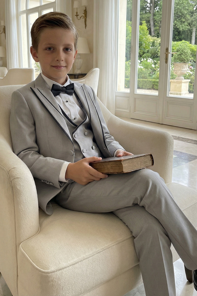 Boys Light Grey 3-Piece Suit with Black Piping for Coastal Villa Weddings