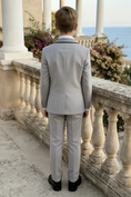 Load image into Gallery viewer, Boys Light Grey 3-Piece Suit with Black Piping for Coastal Villa Weddings

