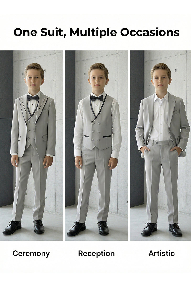 Boys Light Grey 3-Piece Suit with Black Piping for Coastal Villa Weddings