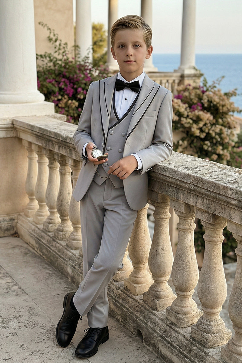 Boys Light Grey 3-Piece Suit with Black Piping for Coastal Villa Weddings