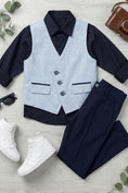 Load image into Gallery viewer, Boys Light Blue Linen Vest And Trousers Set for Garden Weddings
