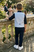 Load image into Gallery viewer, Boys Light Blue Linen Vest And Trousers Set for Garden Weddings
