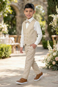 Load image into Gallery viewer, Boys Oatmeal Linen Double-Breasted Vest Set for Tuscan Garden Weddings
