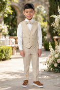 Load image into Gallery viewer, Boys Oatmeal Linen Double-Breasted Vest Set for Tuscan Garden Weddings
