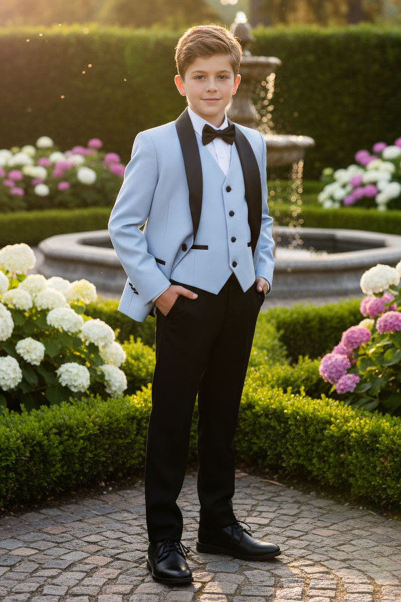 Boys Sky Blue 3-Piece Suit with Black Shawl Collar for Estate Weddings