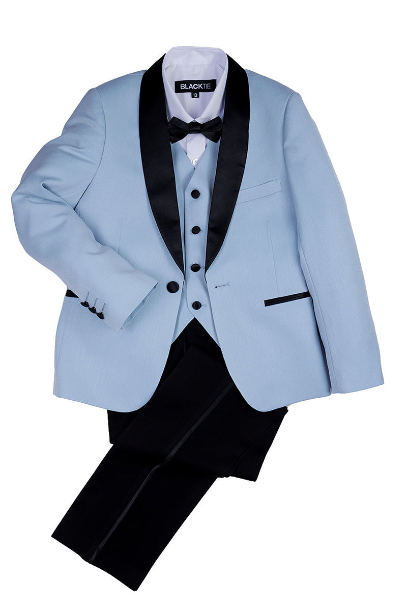 Boys Sky Blue 3-Piece Suit with Black Shawl Collar for Estate Weddings