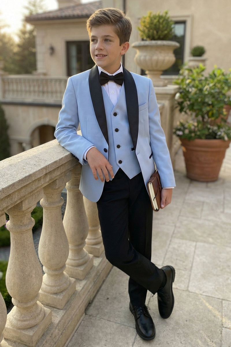Boys Sky Blue 3-Piece Suit with Black Shawl Collar for Estate Weddings