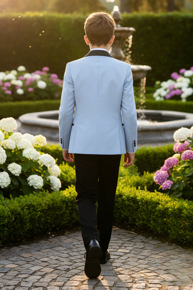 Boys Sky Blue 3-Piece Suit with Black Shawl Collar for Estate Weddings