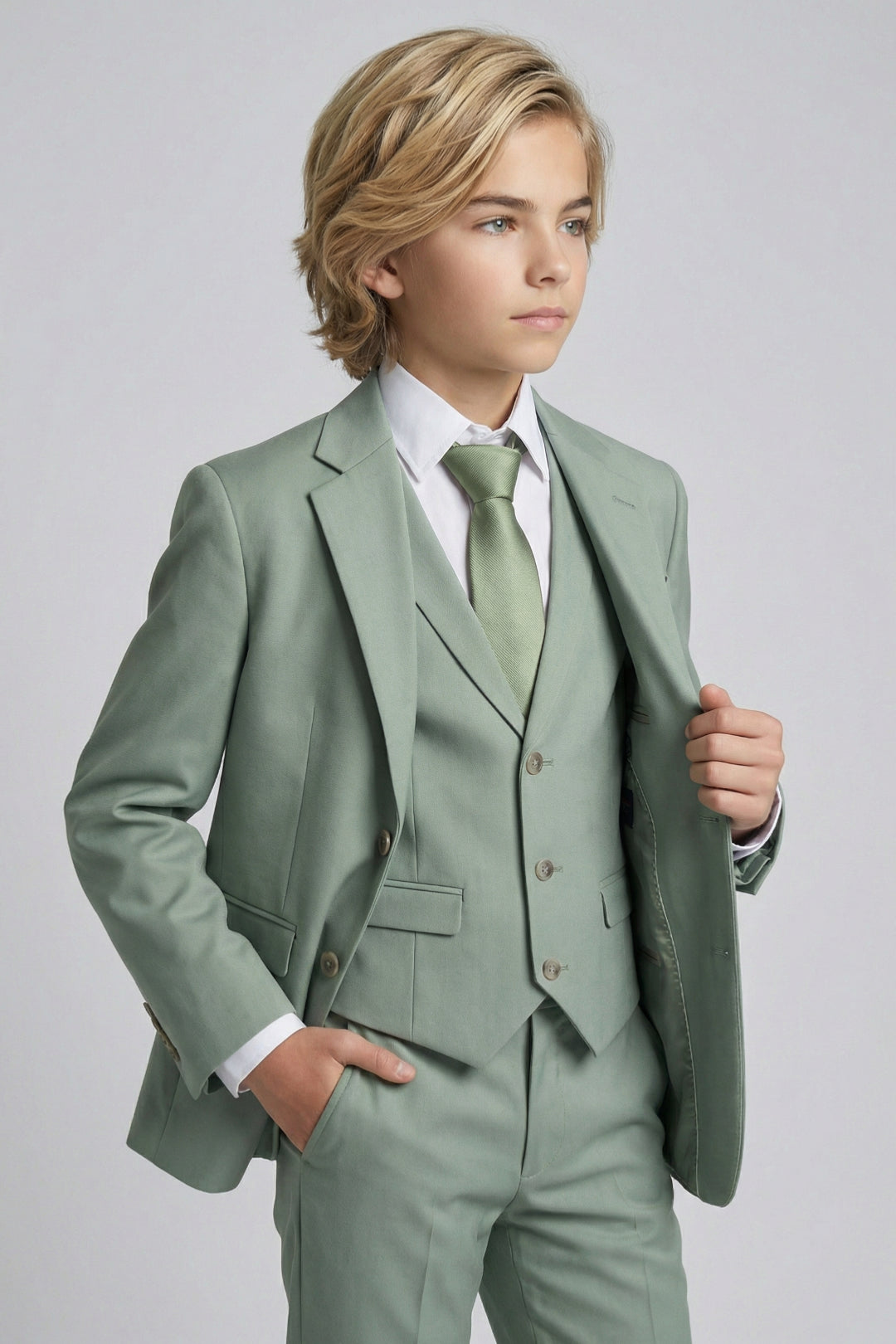 Boys Sage Green 3-Piece Suit with Notch Lapel