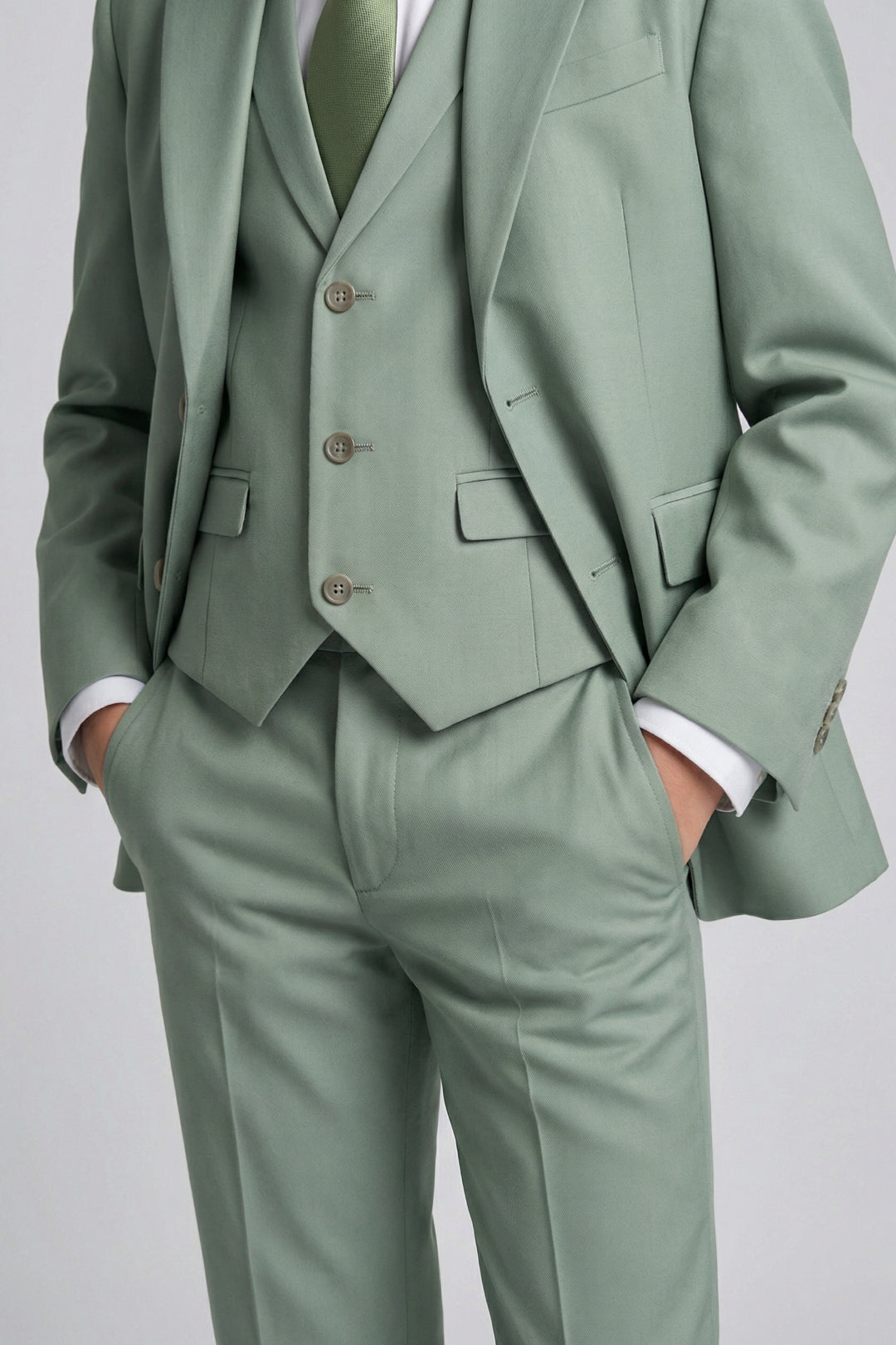 Boys Sage Green 3-Piece Suit with Notch Lapel