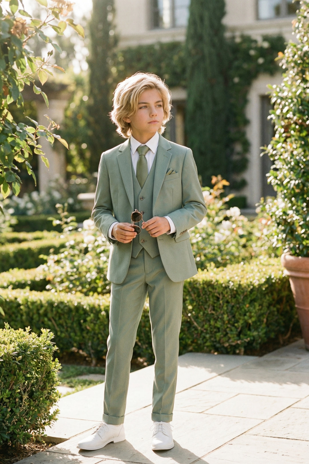 Boys Sage Green 3-Piece Suit with Notch Lapel