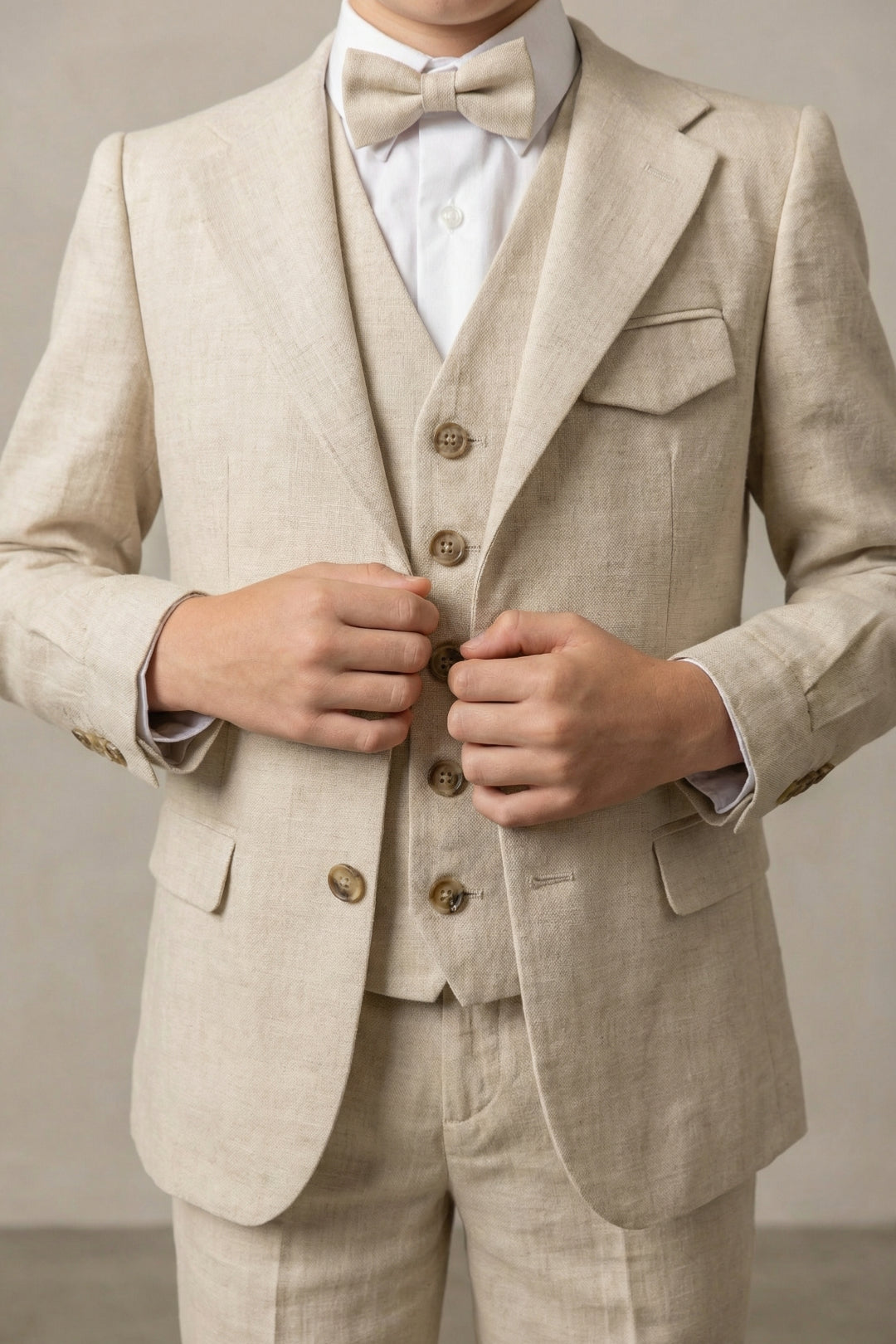 Boys Natural Linen 3-Piece Suit with Notch Lapel