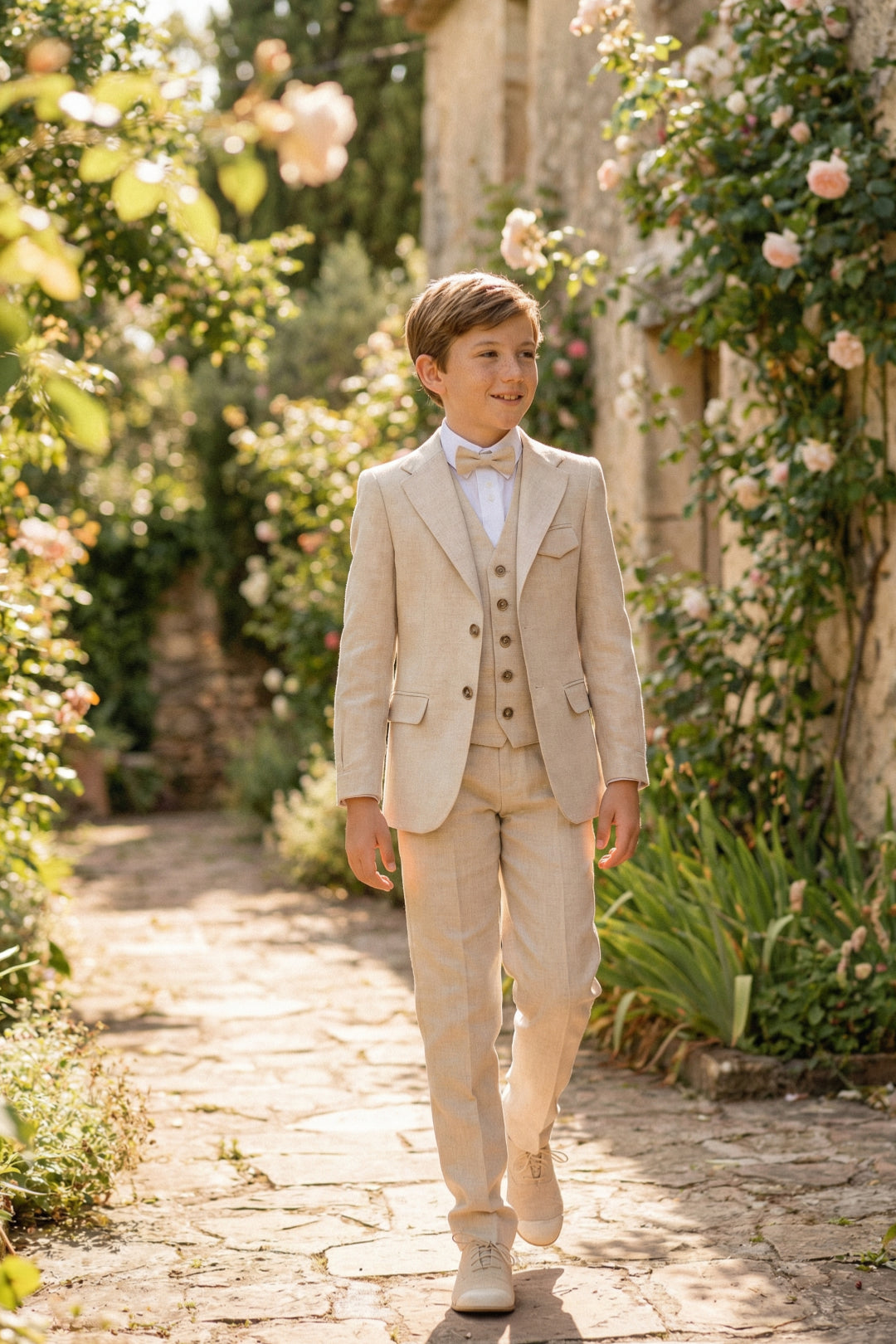 Boys Natural Linen 3-Piece Suit with Notch Lapel