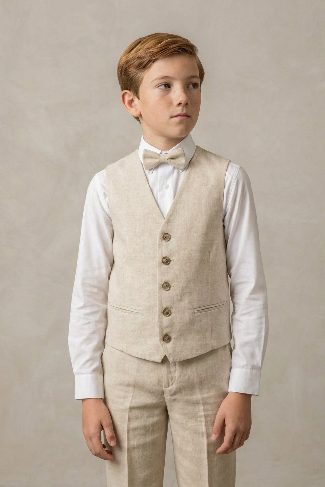 Boys Natural Linen 3-Piece Suit with Notch Lapel