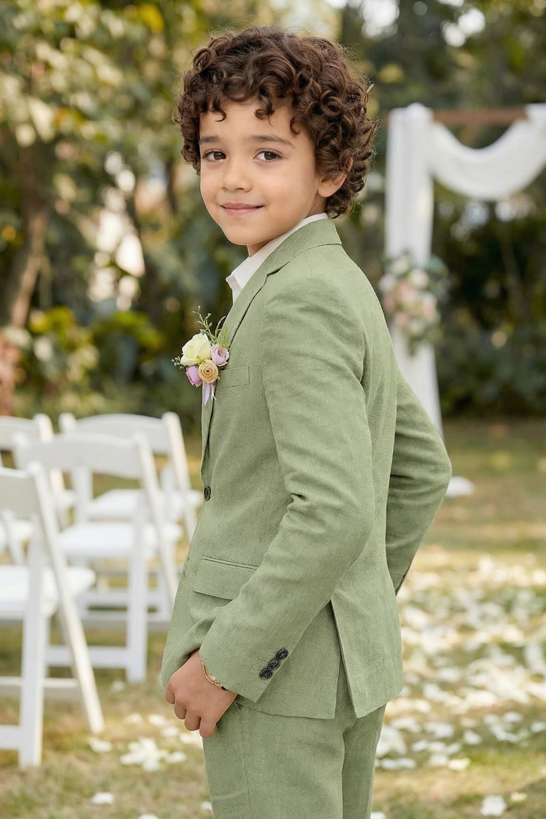 Boys Sage Green Linen 2-Piece Suit with Notch Lapel