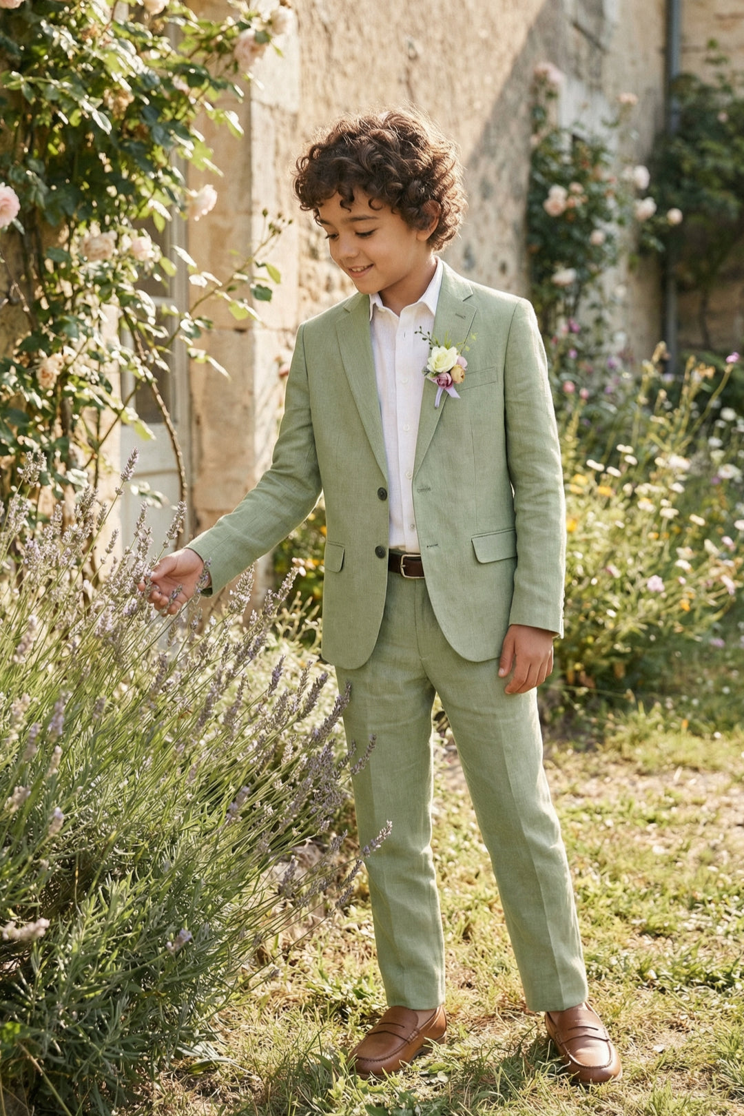 Boys Sage Green Linen 2-Piece Suit with Notch Lapel