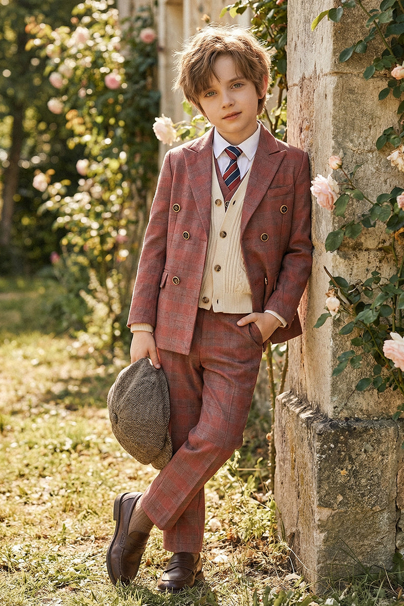 Boys Rust Red Plaid Double-Breasted 3-Piece Suit for Villa Weddings