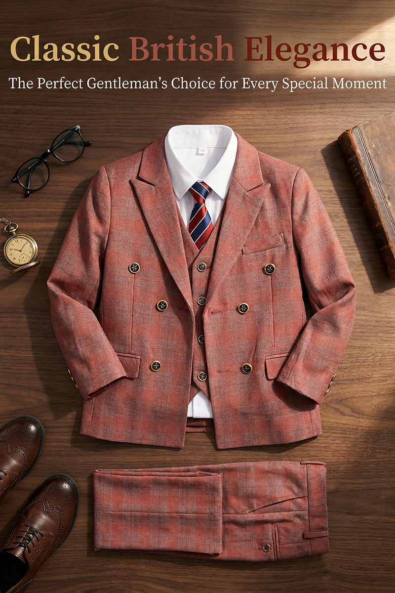 Boys Rust Red Plaid Double-Breasted 3-Piece Suit for Villa Weddings