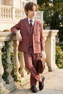Boys Rust Red Plaid Double-Breasted 3-Piece Suit for Villa Weddings