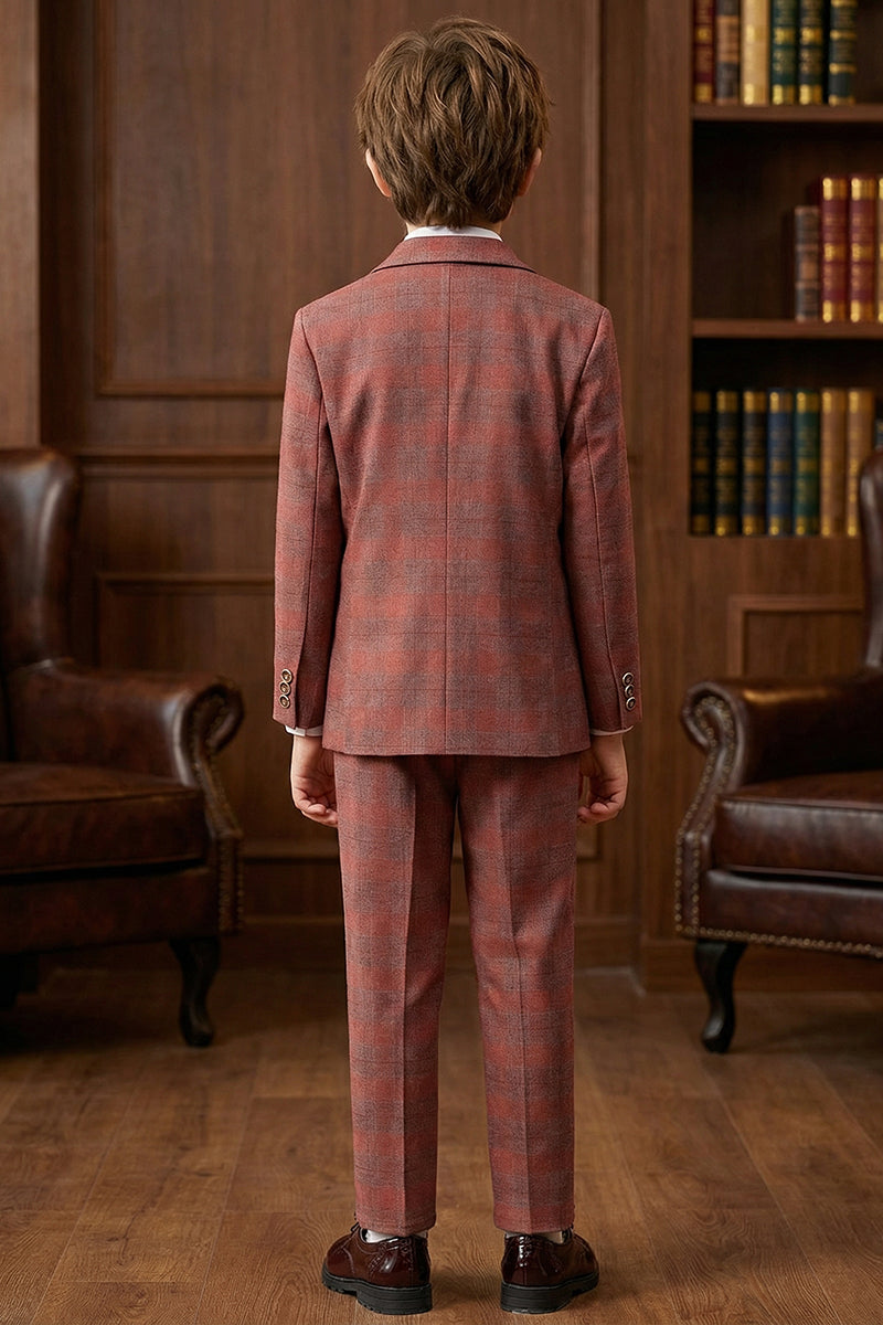 Boys Rust Red Plaid Double-Breasted 3-Piece Suit for Villa Weddings