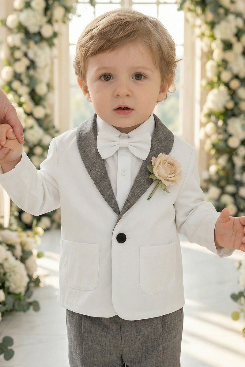 Boys White 2-Piece Suit with Grey Shawl Collar for Garden Weddings
