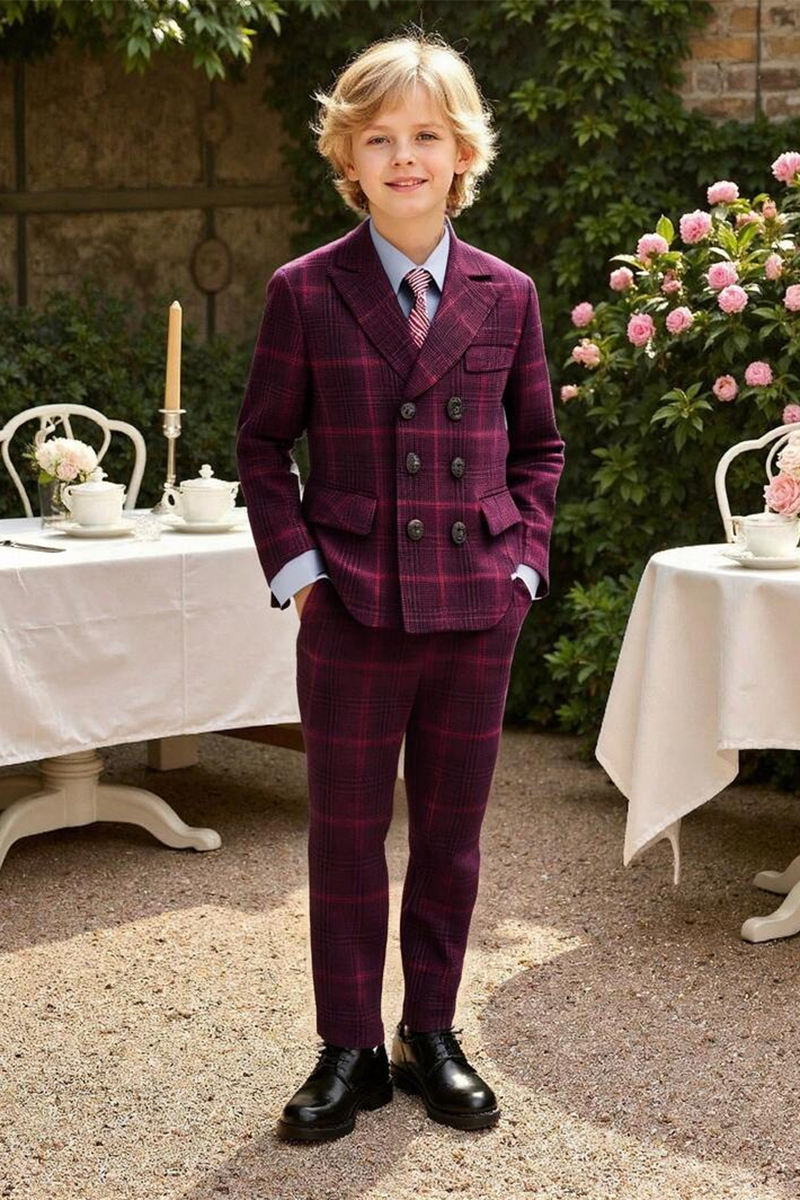Boys Burgundy Plaid Double-Breasted 2-Piece Suit for Modern Garden Weddings
