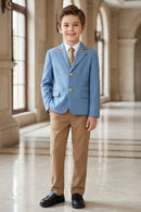 Boys Sky Blue Blazer & Khaki Trousers 2-Piece Suit