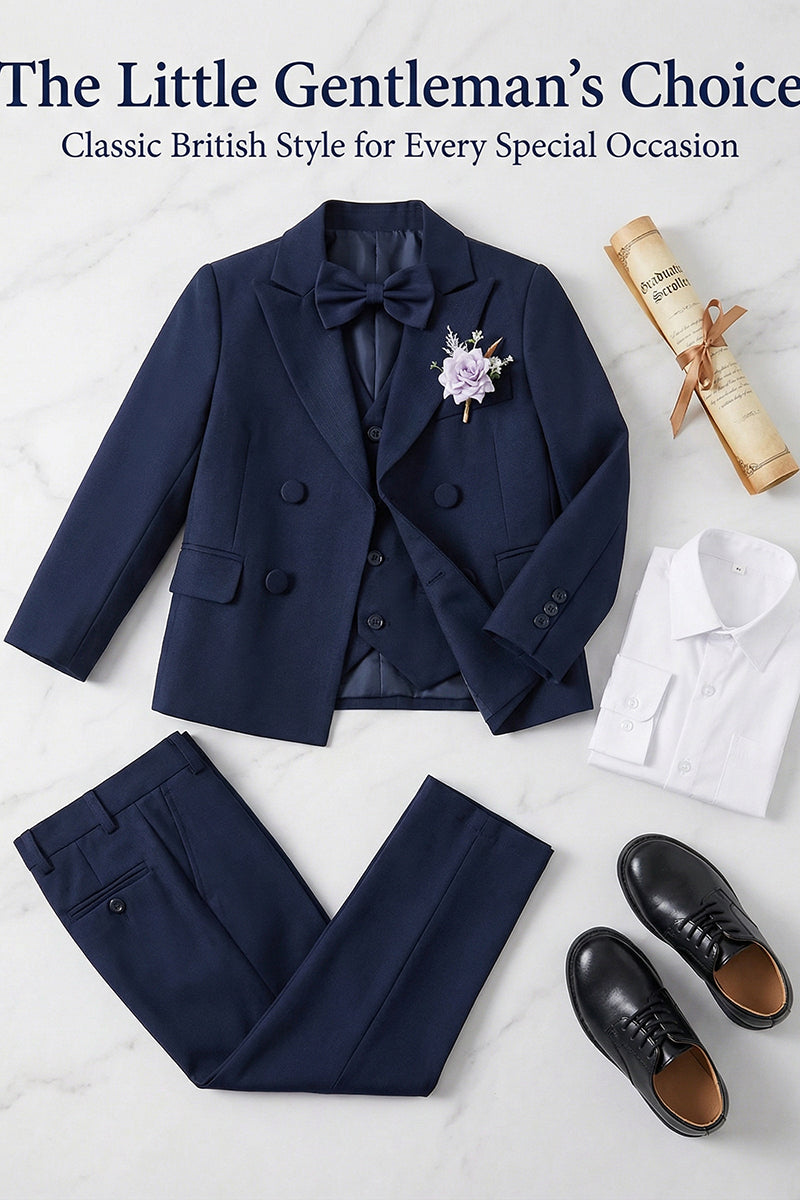 Boys Navy Blue Double-Breasted 3-Piece Suit for Garden Weddings