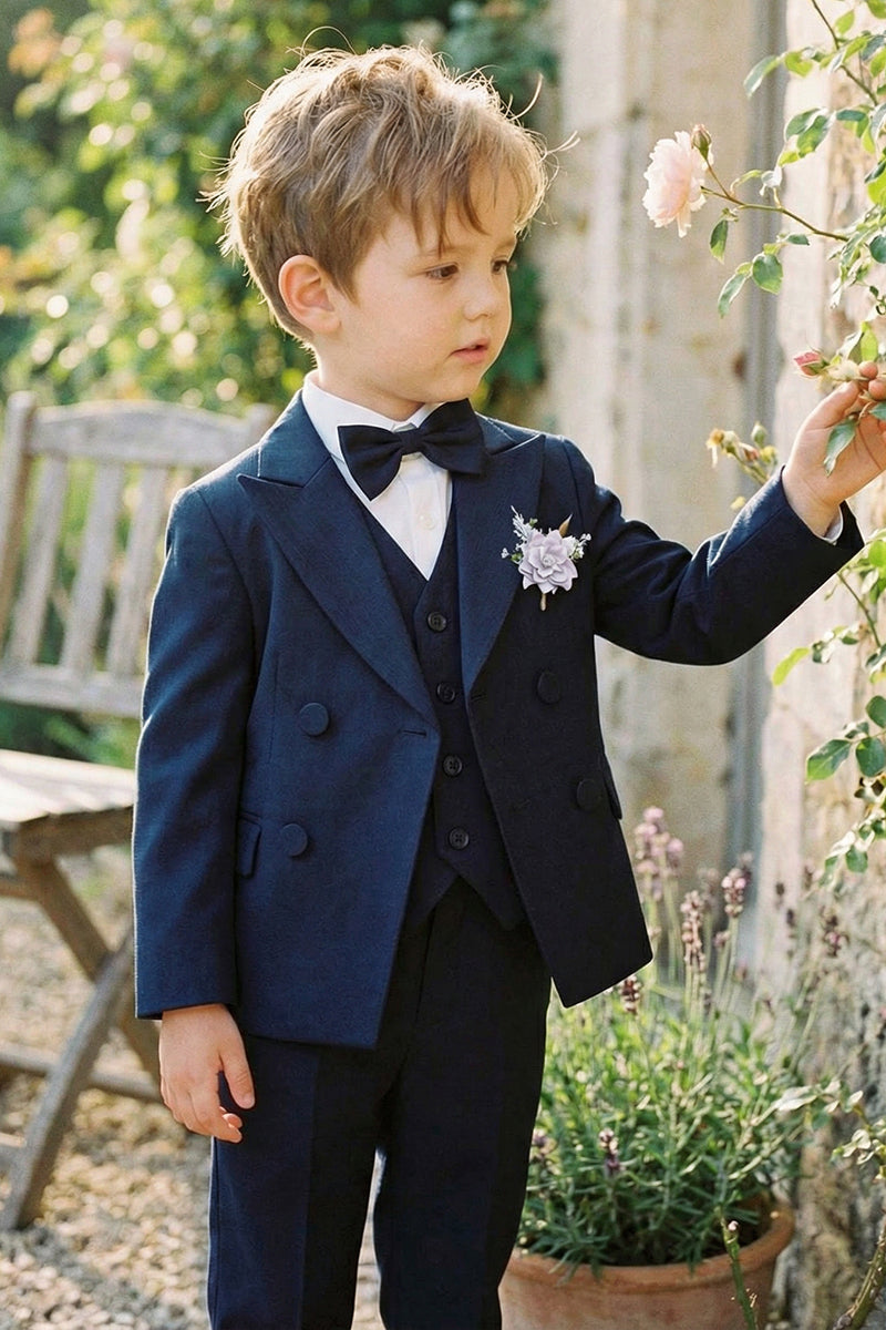 Boys Navy Blue Double-Breasted 3-Piece Suit for Garden Weddings