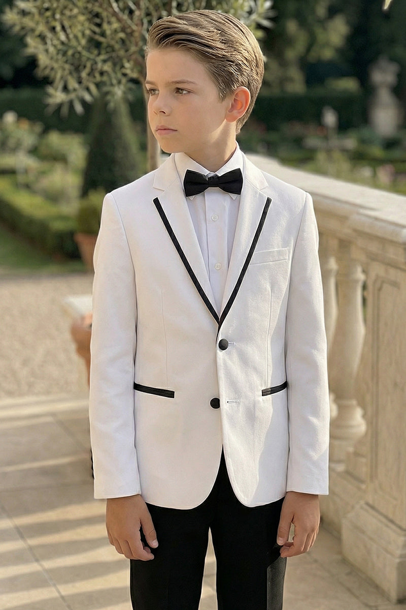 Boys White With Black Trim Single-Breasted 2-Piece Suit