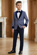 Boys Blue-gray Paired With A Navy Blue Velvet Collar Single-Breasted 2-Piece Suit