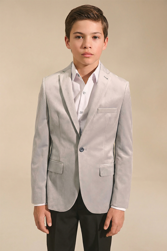 Boys Light Grey Notch Lapel Velvet Jacket