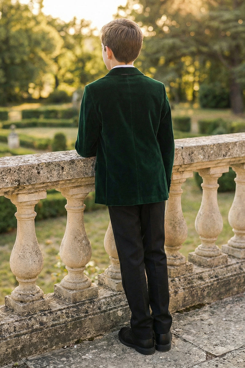 Boys Dark Green Velvet Single-Breasted 2-Piece Suit