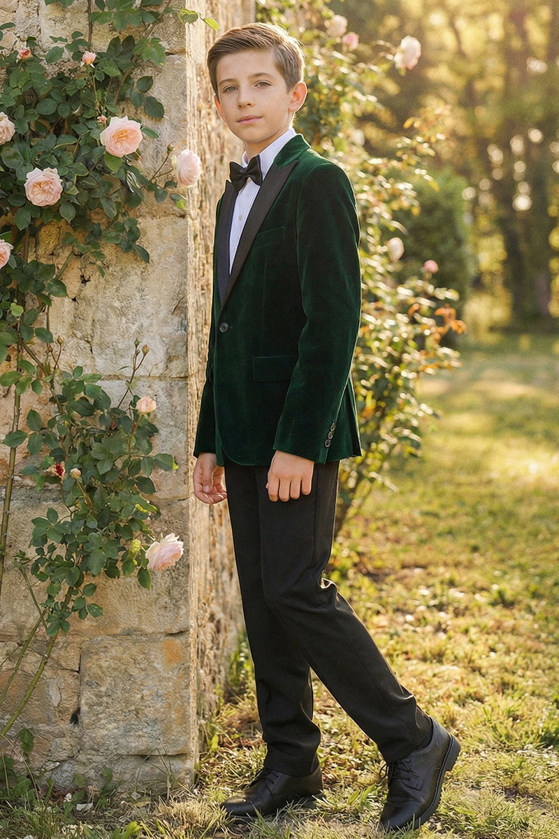 Boys Dark Green Velvet Single-Breasted 2-Piece Suit