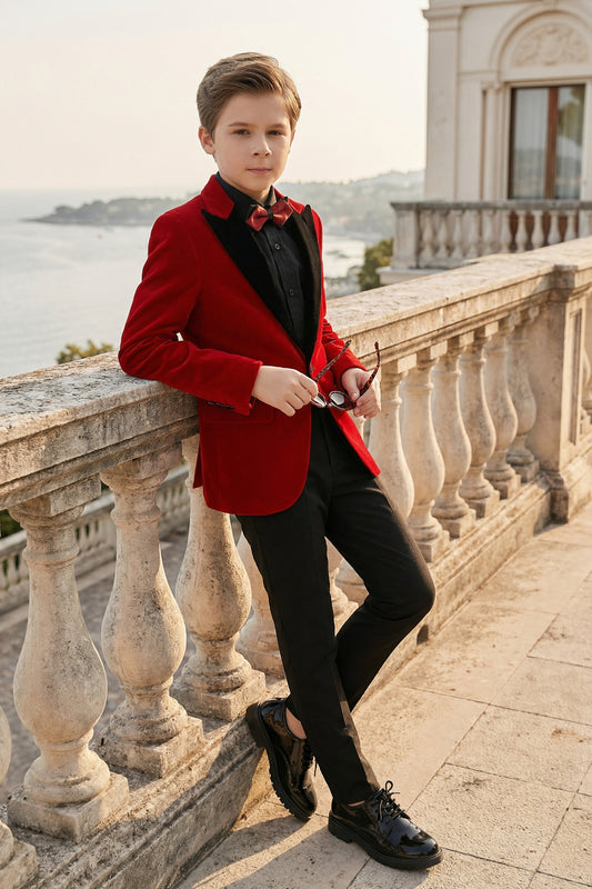 Boys Red Velvet Tuxedo 2-Piece Set with Black Satin Shawl Lapel